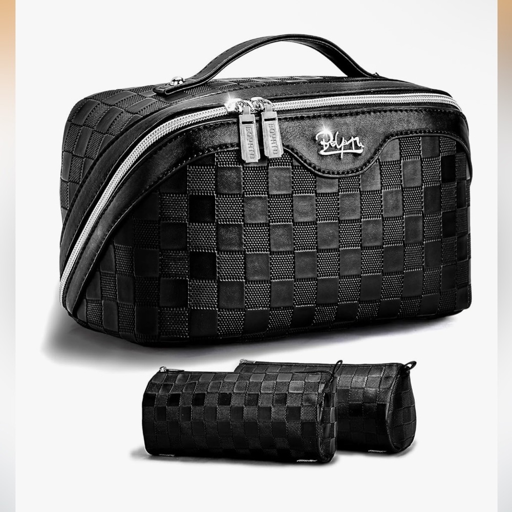 3 Pcs Set Large Capacity Faux Leather Cosmetic Bags Black New